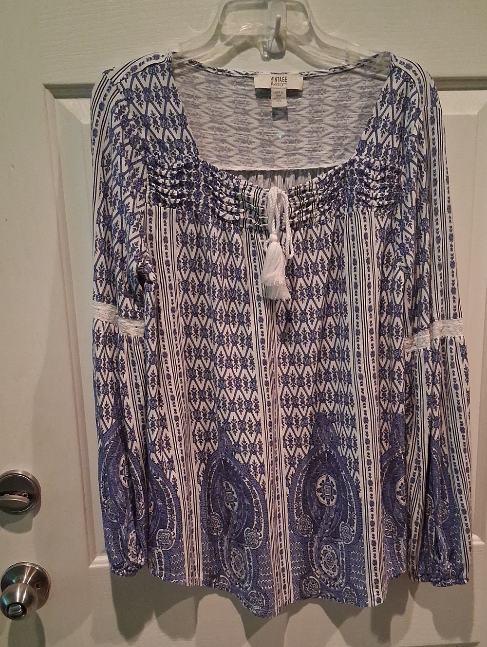Vintage America Blue & White Bohemian Smocked Tassel Tunic